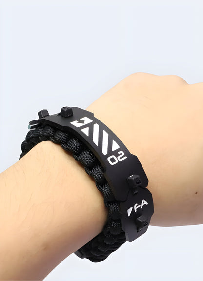 Front view of a black techwear cyberpunk bracelet being worn, from the UK, showcasing its sleek and futuristic design.