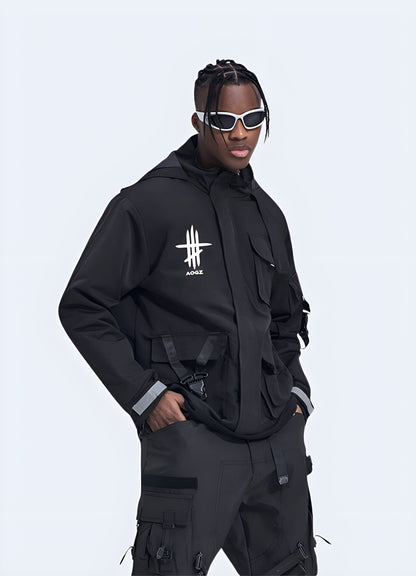 Side view of a black techwear jacket with an athletic cut, highlighting its technical features and modern style.