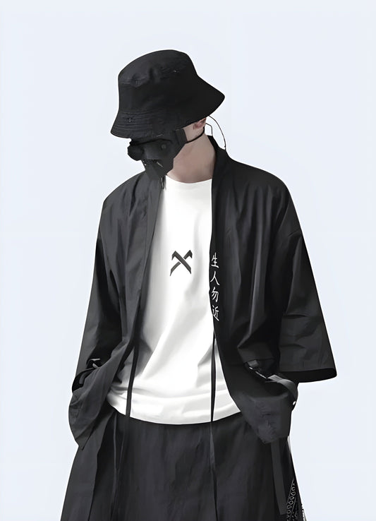 Stylish black techwear kimono for men, featuring a modern take on traditional Japanese fashion, perfect for the UK urban streetwear scene.