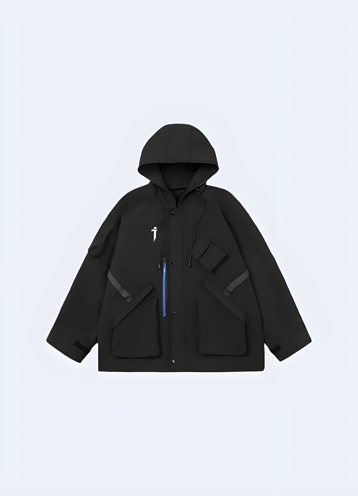 Front view of a sleek black techwear rain jacket, perfect for urban exploration in wet conditions in the UK.