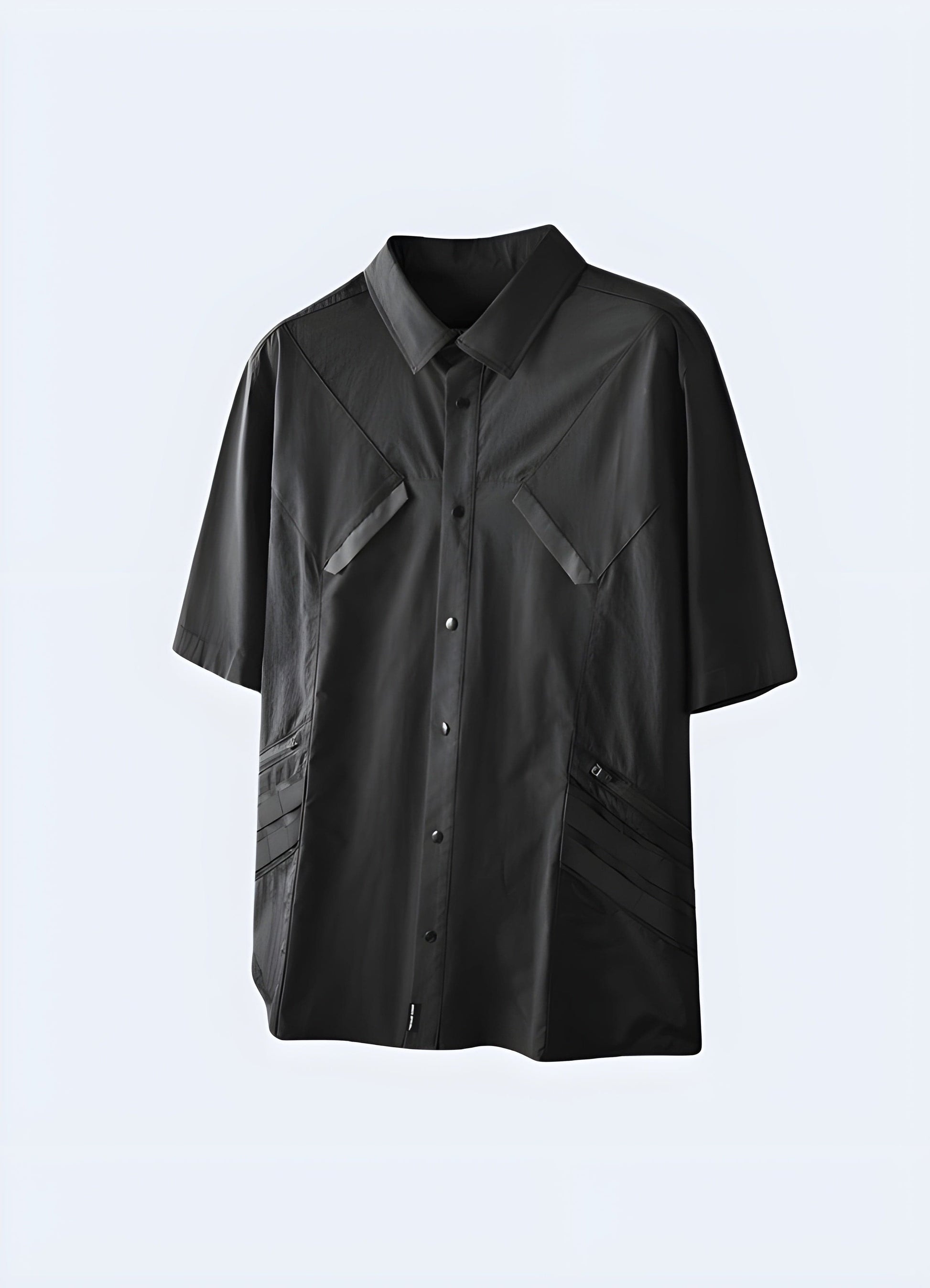 Sleek black techwear shirt designed for urban exploration and everyday wear in the UK.