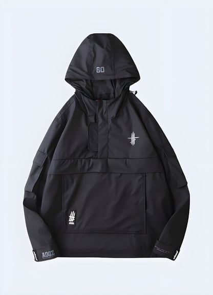 Front view of a sleek black techwear windbreaker, emphasizing its cutting-edge aesthetics and high-performance features, perfect for style-conscious UK.