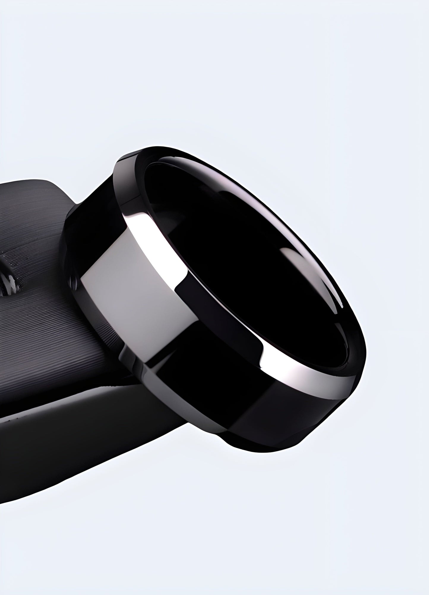 Black titanium ring front side view in the UK, highlighting its minimalist and stylish appearance.