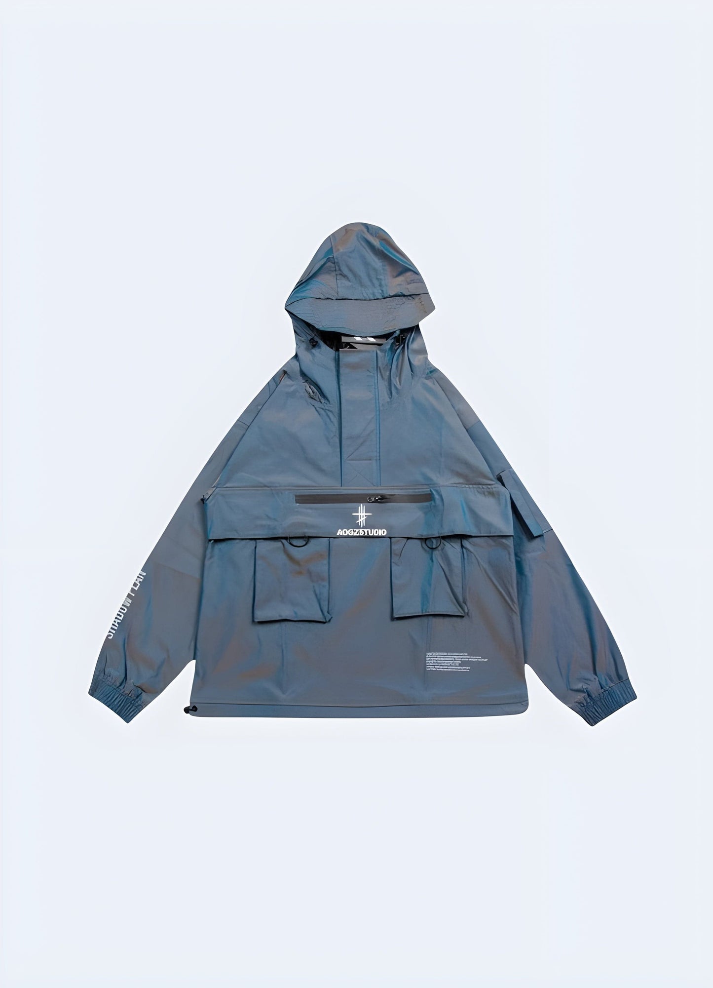 Front view of a blue techwear jacket, showcasing its modern aesthetics and high-performance materials, ideal for style-conscious UK customers seeking a functional and fashionable outerwear solution.