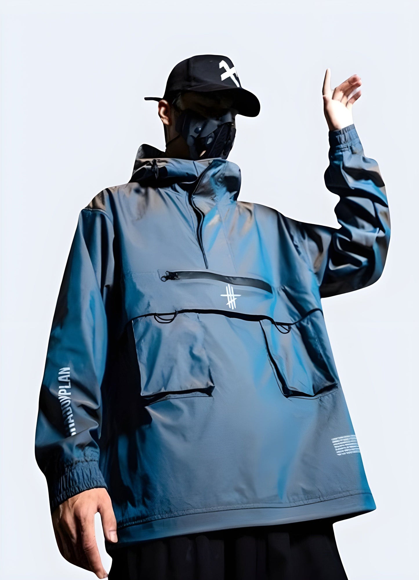 Cutting-edge blue techwear jacket, integrating advanced technology and sleek design for fashion-forward individuals in the UK's urban environments.