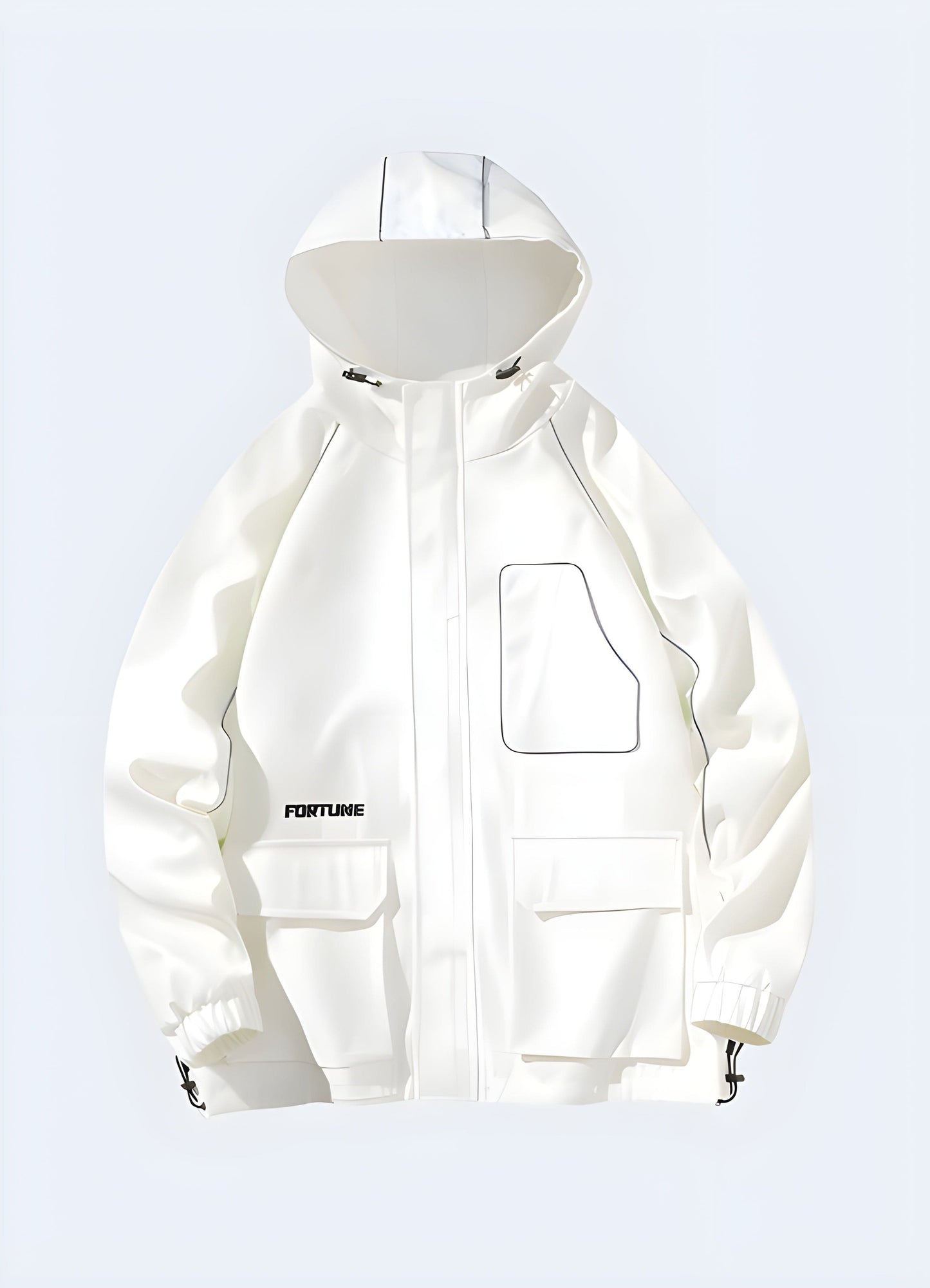 Front side view of a white breathable reflective rain jacket, emphasizing its lightweight construction, ventilation features, and reflective details, perfect for active UK consumers requiring comfort and visibility in wet conditions.