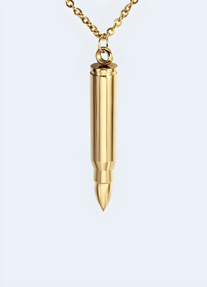 Bullet necklace in gold front view, UK, exuding luxury and contemporary elegance.