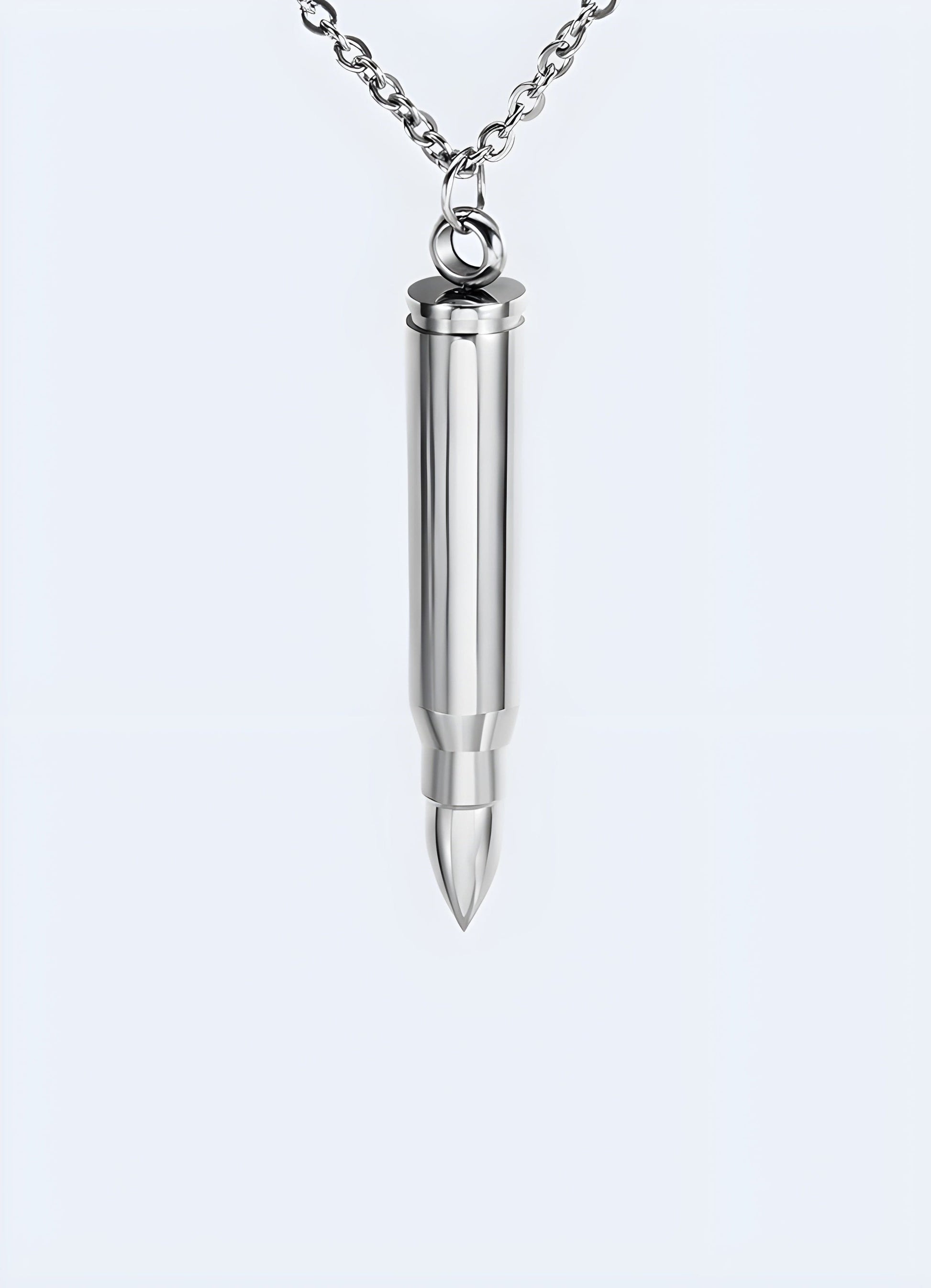 Bullet necklace in silver front view, UK, displaying a polished finish and minimalist style.