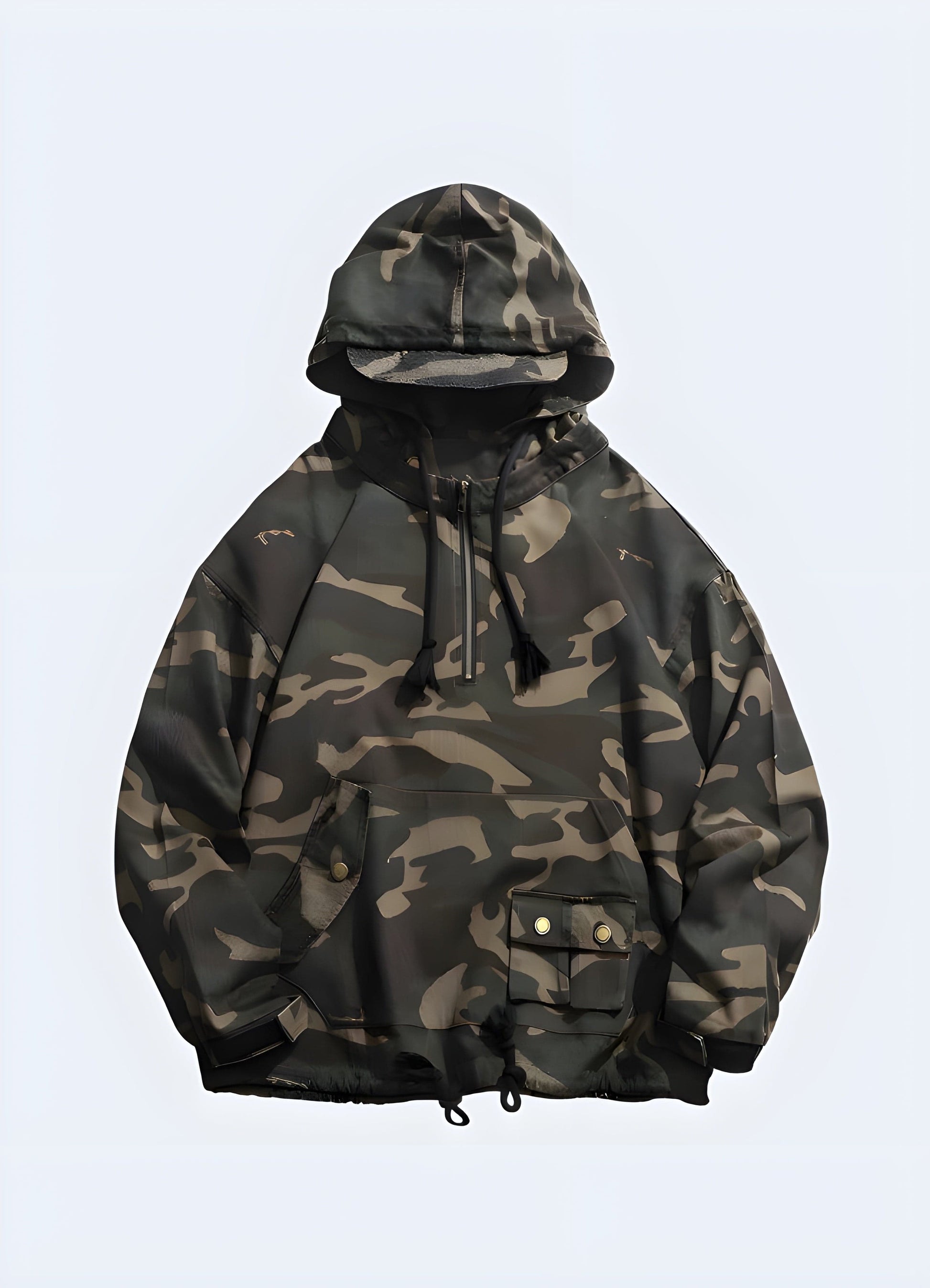 Front side view of a man wearing a camo print cargo jacket, highlighting its urban edge, rugged construction, and fashion-forward appeal, ideal for style-conscious individuals in the UK looking to add a bold statement piece to their wardrobe.