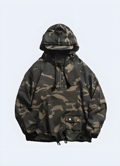 Front side view of a man wearing a camo print cargo jacket, highlighting its urban edge, rugged construction, and fashion-forward appeal, ideal for style-conscious individuals in the UK looking to add a bold statement piece to their wardrobe.