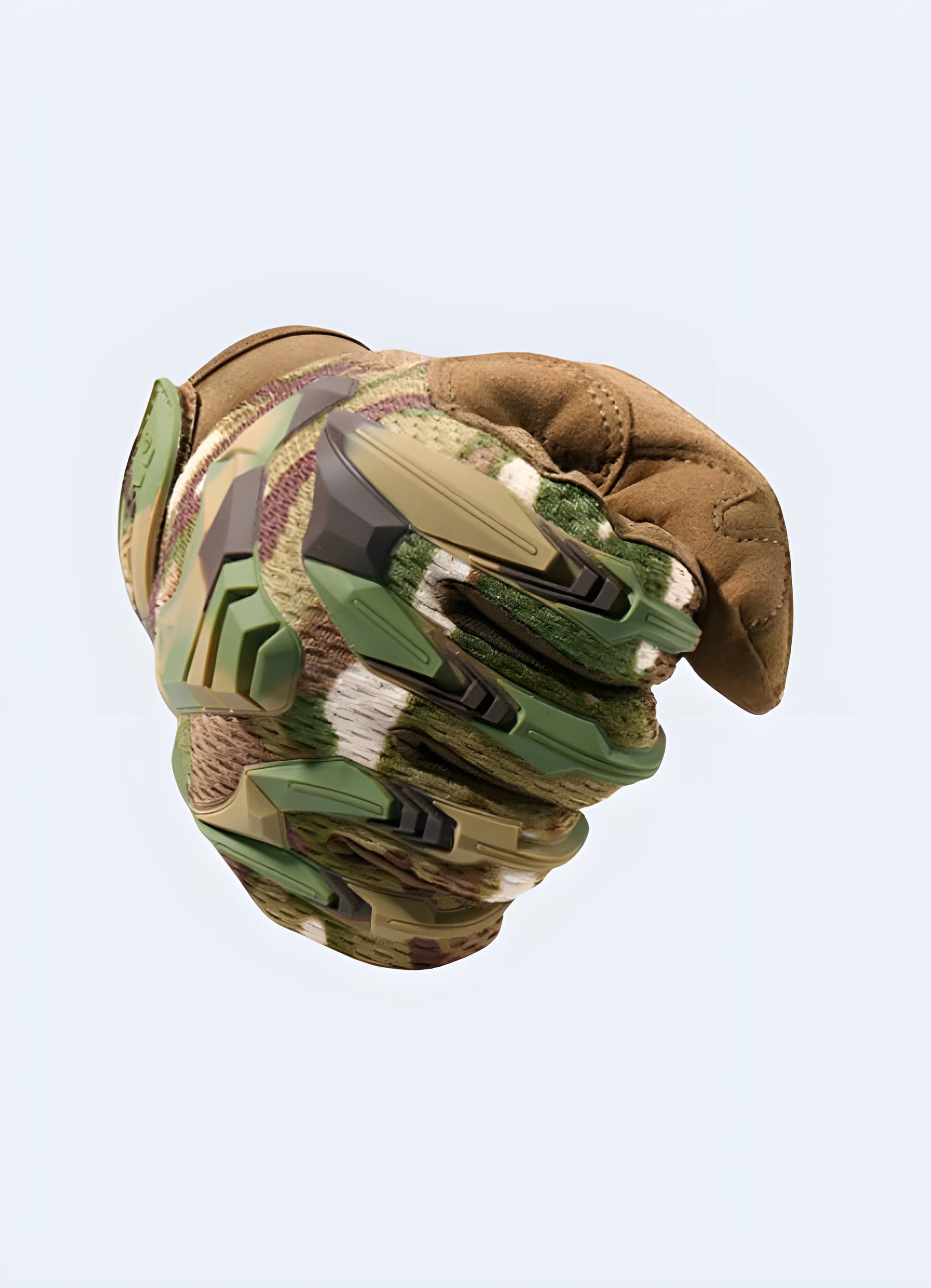 Model wearing camo tactical gloves, demonstrating their fit and functionality, suitable for military and special forces with fire-resistant carbon knuckle protectors.