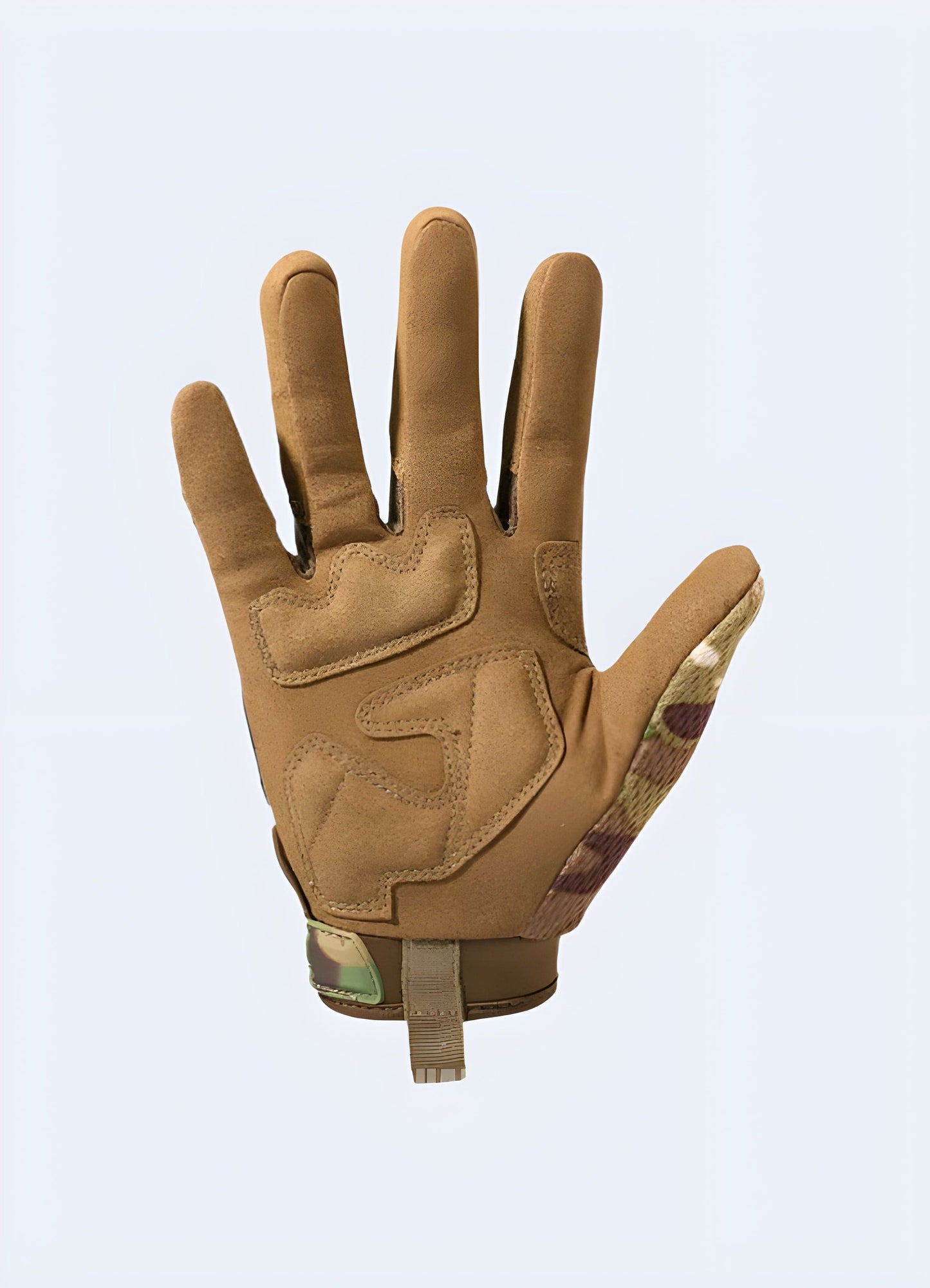 Back view of camo tactical gloves showing reinforced knuckles and additional leather reinforcements, offering high protection and durability.