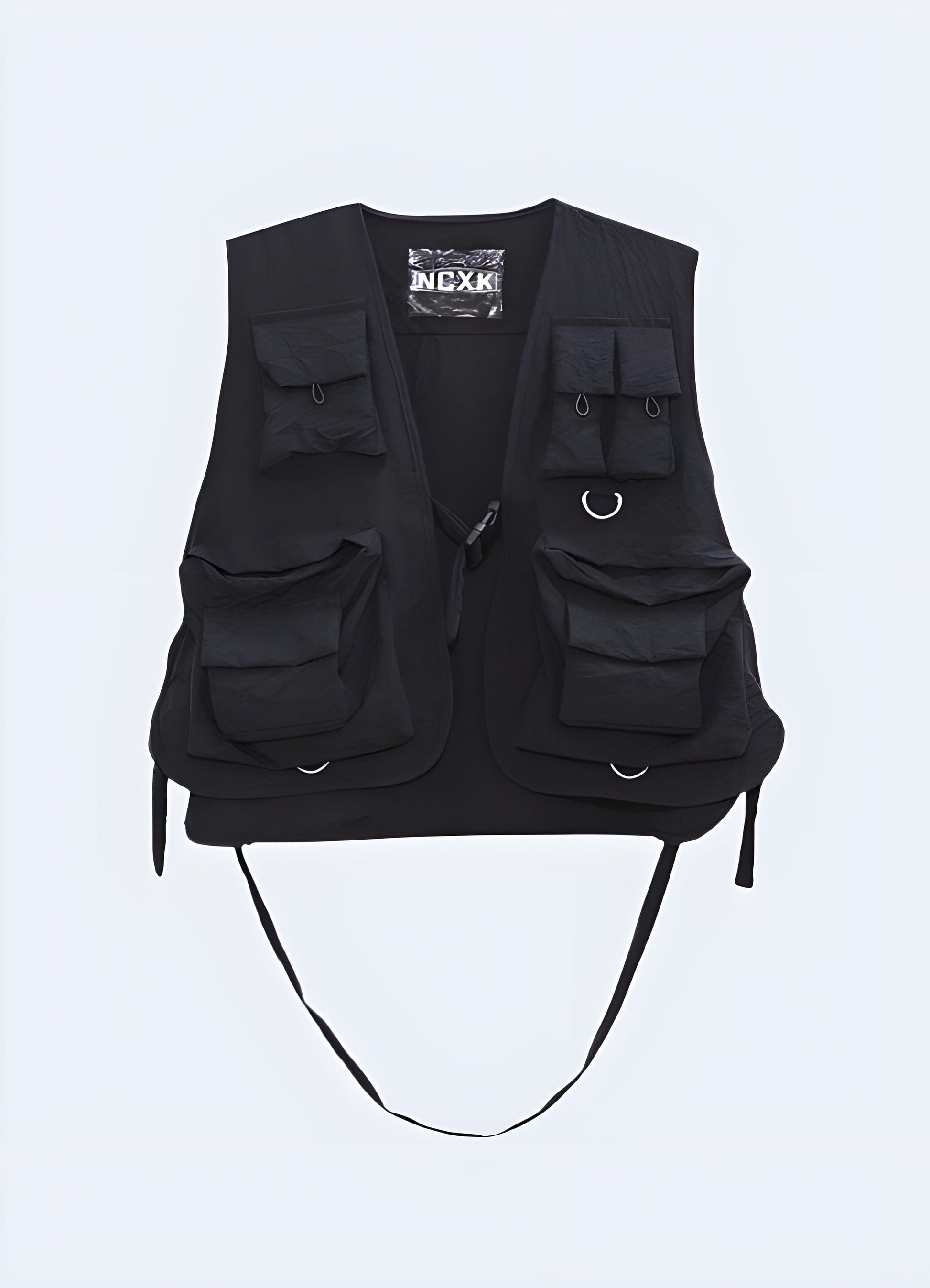 Black cargo vest jacket with multiple pockets and a hood, perfect for outdoor activities and casual streetwear.