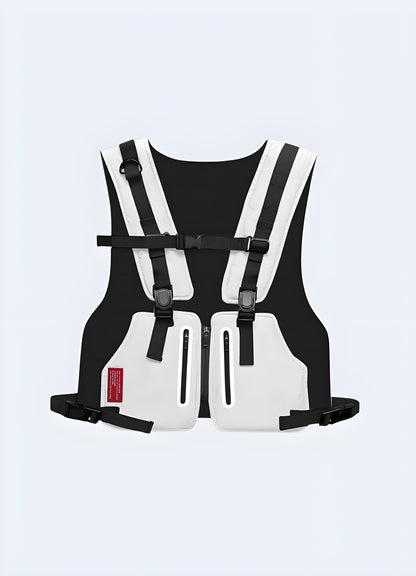 Front view of a white streetwear chest rig, perfect for modern UK street style.