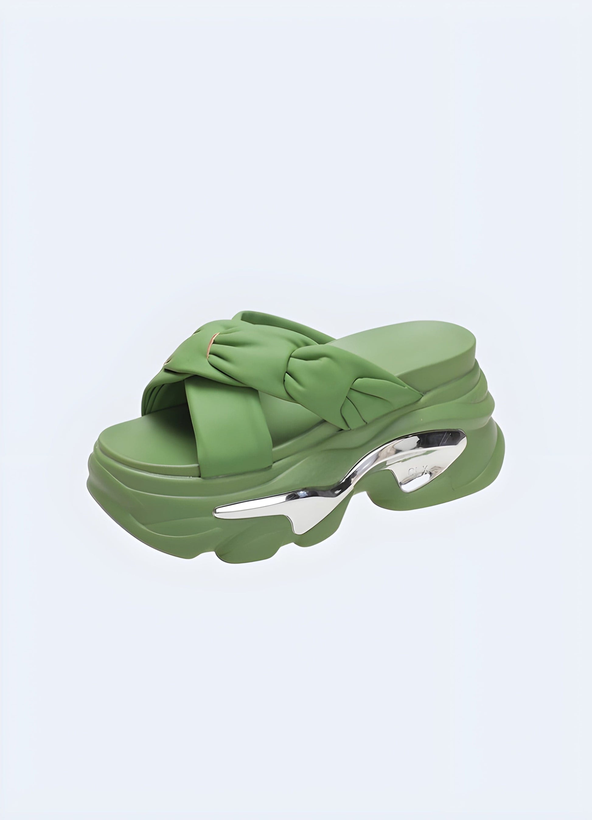 Front and side view of chunky comfortable sandals, highlighting the trendy silhouette, soft materials, and versatile style suitable for casual and dressy occasions.