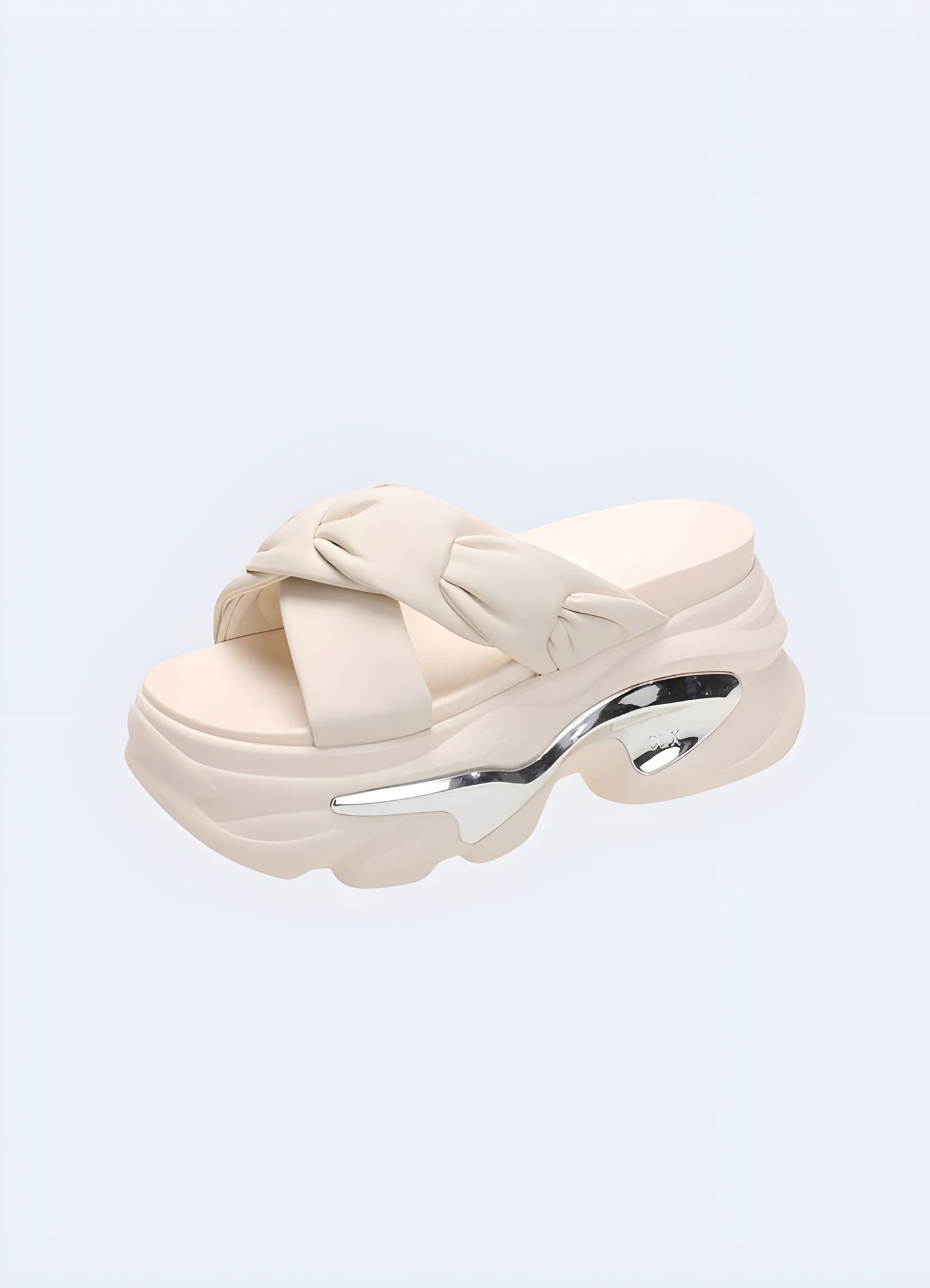 Side view of chunky comfortable sandals, showcasing the ergonomic design, cushioned footbed, and sturdy construction for enhanced support and stability.