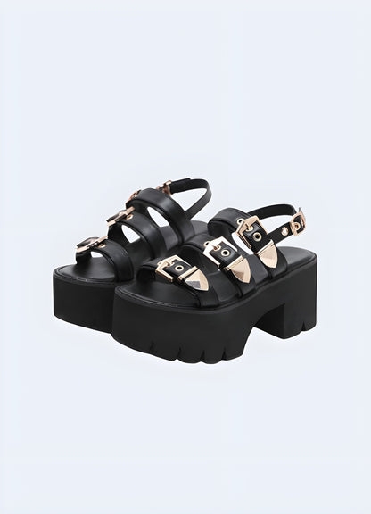 Front and side view of chunky platform buckle sandals, showcasing the eye-catching silhouette, sturdy construction, and stylish buckle detail for a fashionable and functional look.