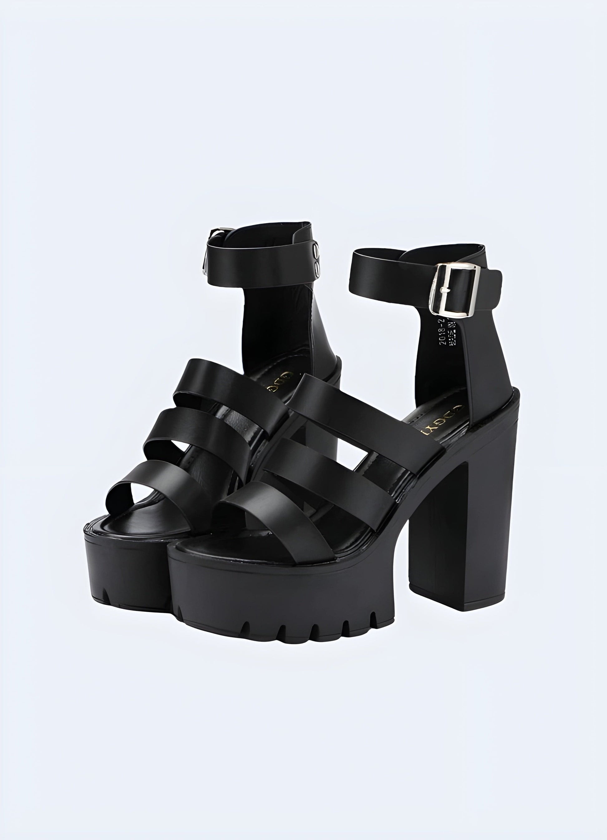 Front and side view of chunky sandals with an ankle strap, showcasing the trendy design, secure fastening, and eye-catching silhouette for a fashionable look.