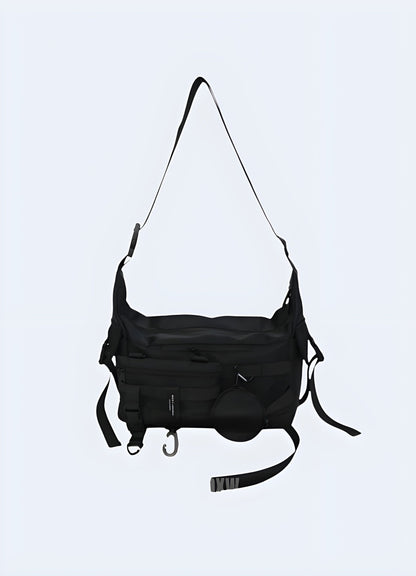 Black cross-chest bag front view, UK. Sleek and versatile accessory.