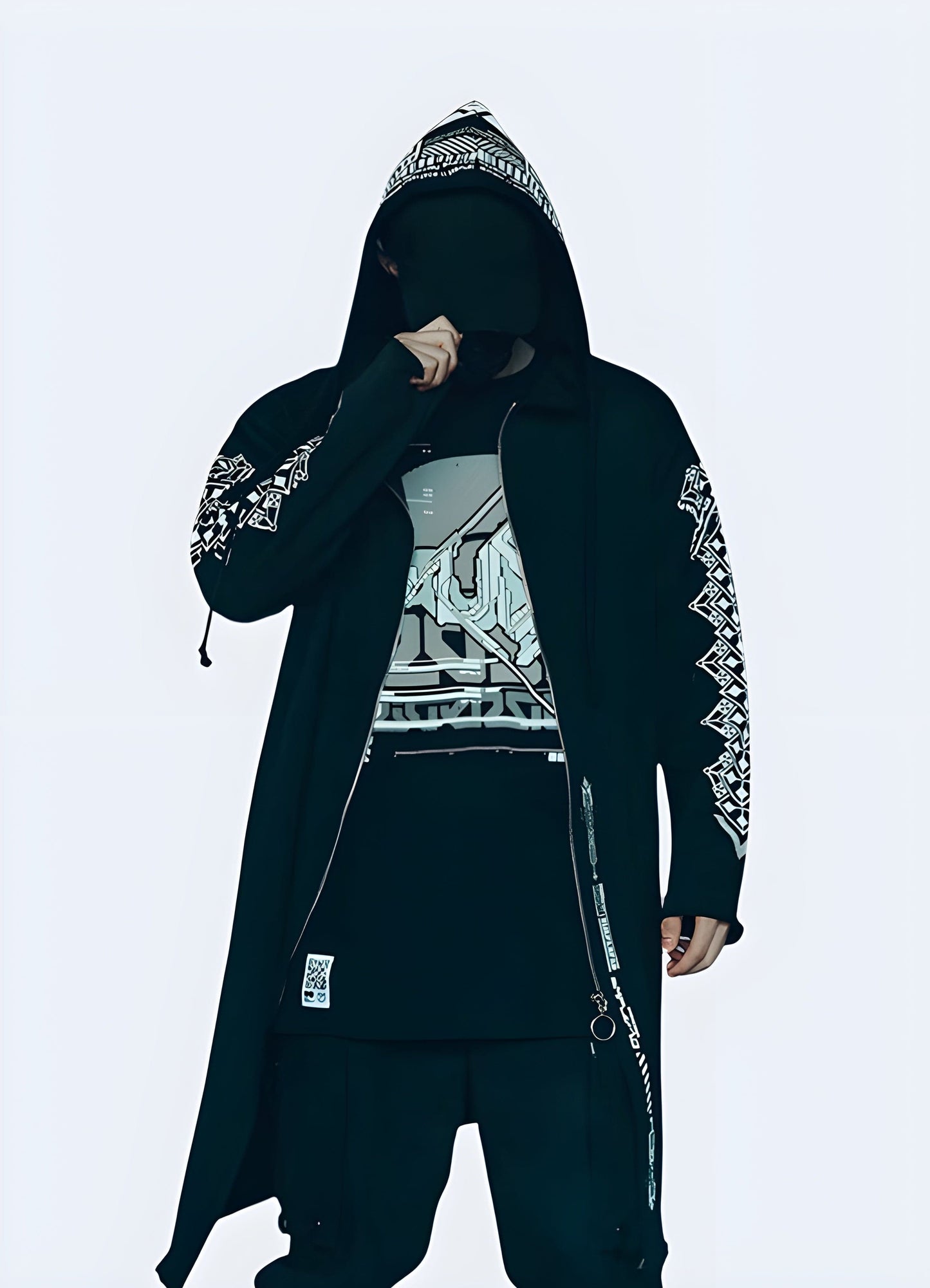 Man wearing a cyber hoodie in a front view, highlighting the futuristic design and techwear elements popular in the UK.