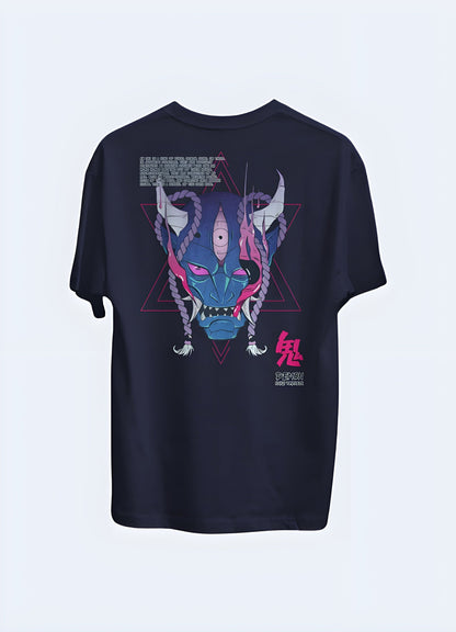 Front view of a unique t-shirt showcasing a cybernetic oni demon, blending traditional Japanese mythology with futuristic elements for a striking look in the UK.