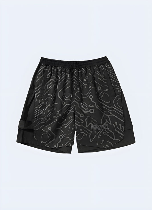 Cutting-edge cybernetic shorts for man, featuring a futuristic design and innovative materials, perfect for the UK tech-savvy fashion enthusiast.