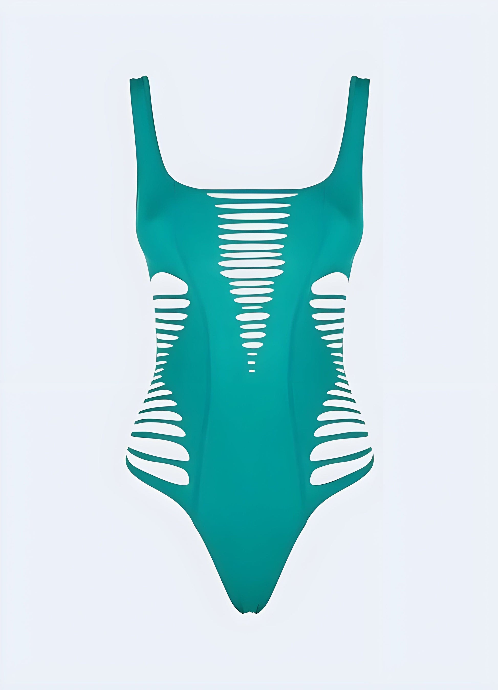 Eye-catching green cyberpunk bikini displayed from the front, boasting unique design details and a futuristic vibe that's sure to turn heads at any beach or pool party in the UK.