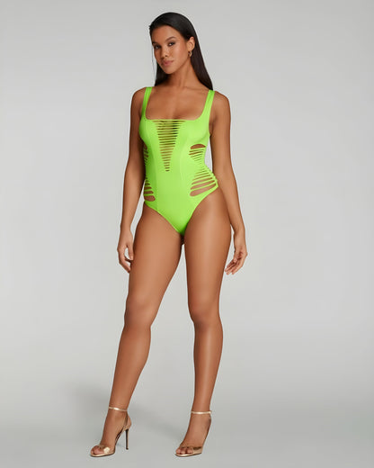 Striking green cyberpunk bikini showcased from the front view, featuring innovative materials and cutting-edge style for a daring summer look.