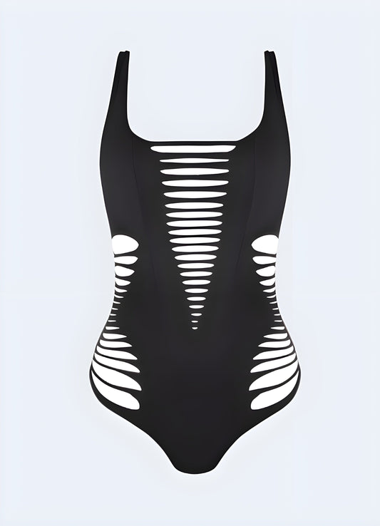 Futuristic cyberpunk bikini with edgy design elements, perfect for making a bold statement at the beach or pool in the UK.