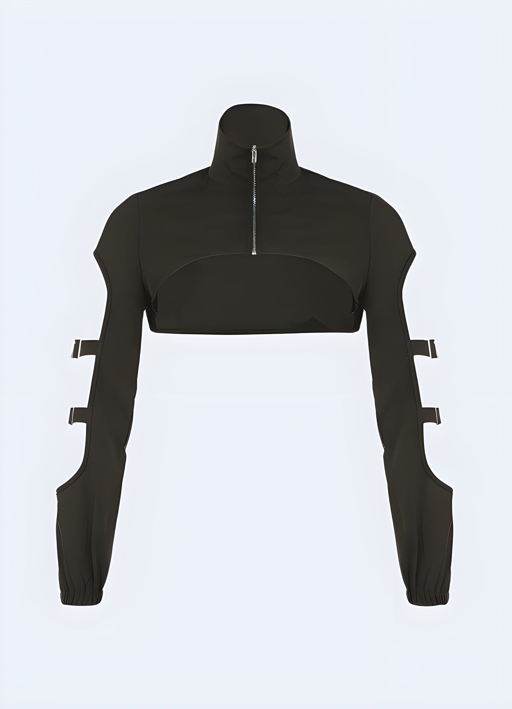 Front view of a cyberpunk black sleeves turtleneck, highlighting its avant-garde aesthetics and high-quality materials for a standout fashion statement in the UK cyberpunk subculture.