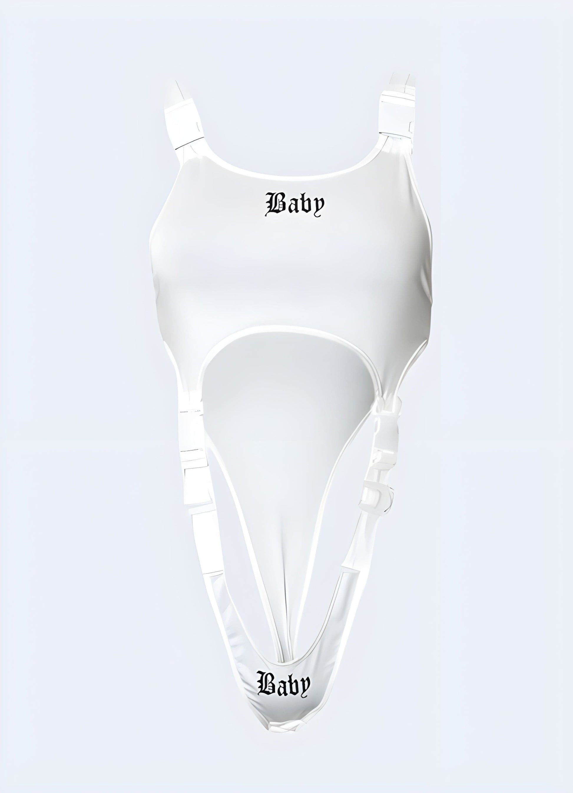 Stylish white cyberpunk bodysuit with a futuristic design, front view showcasing its unique appeal for UK fashion-forward individuals.