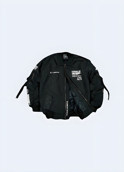 Front view of a black cyberpunk bomber jacket, highlighting its advanced construction, futuristic aesthetics, and fashion-forward design, ideal for UK trendsetters and science fiction enthusiasts.