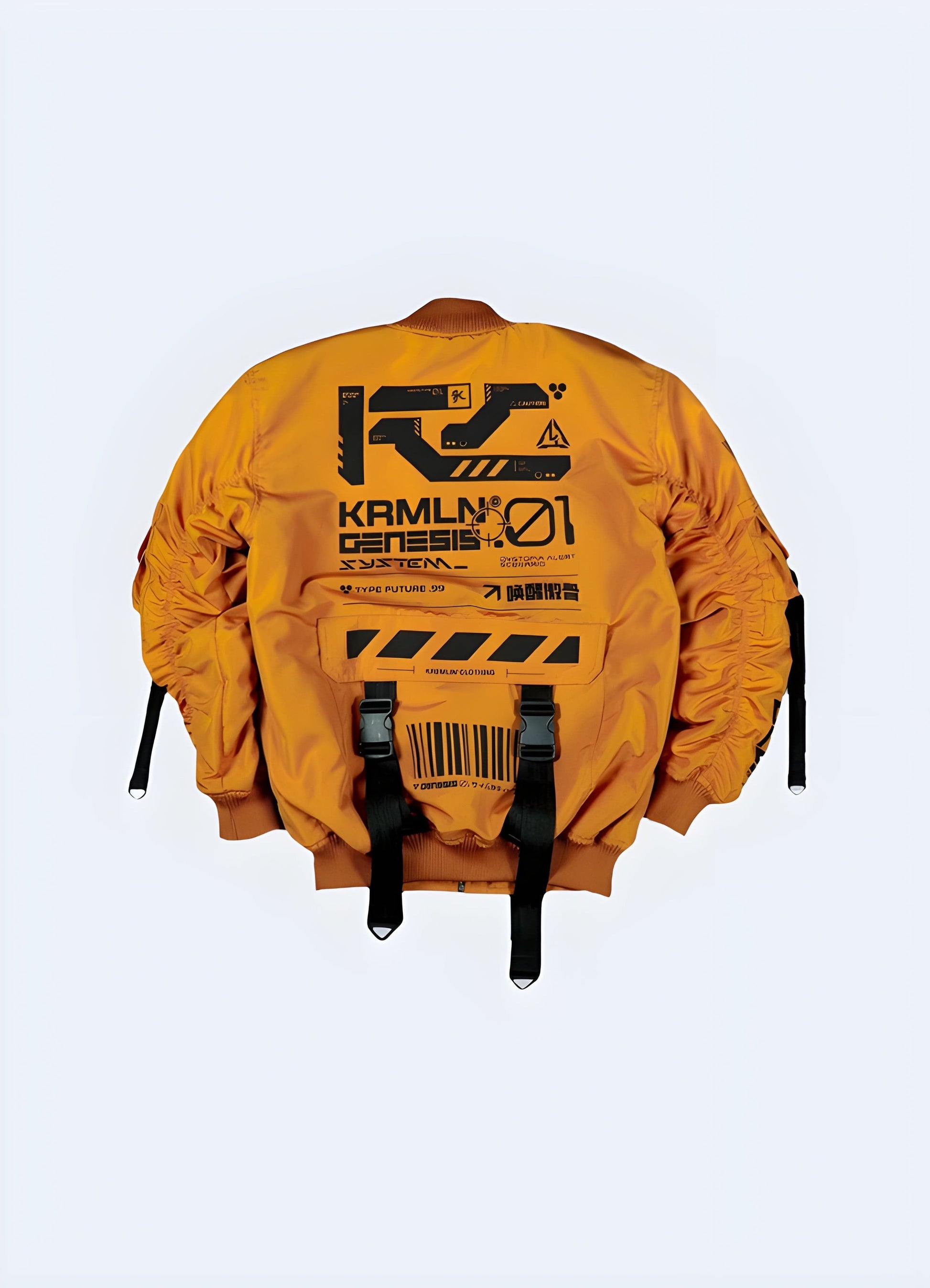 Back view of an orange cyberpunk bomber jacket, highlighting its bold color, advanced materials, and futuristic design, ideal for UK trendsetters and science fiction enthusiasts looking for a unique and eye-catching outerwear piece.