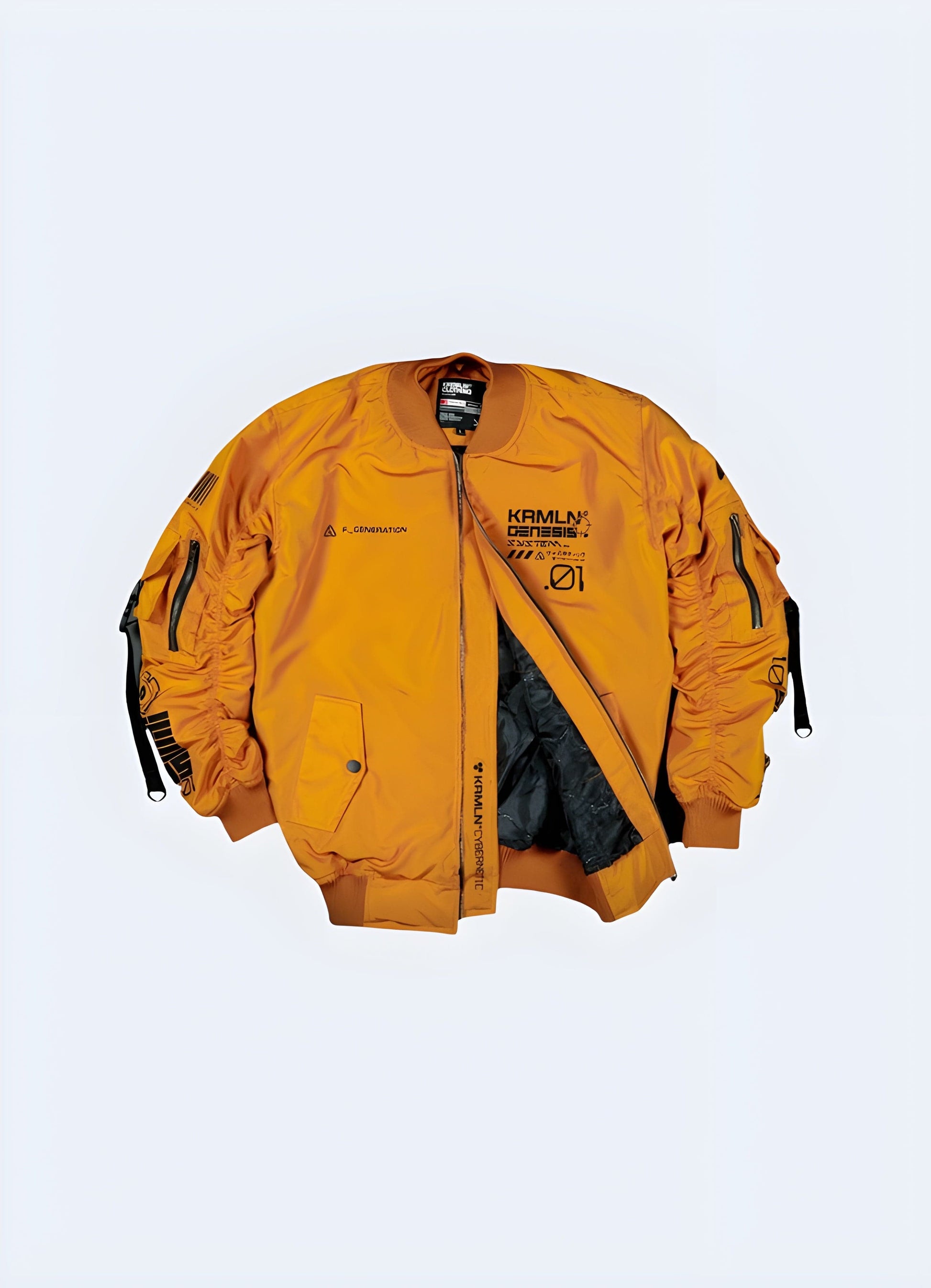 Front view of an orange cyberpunk bomber jacket, showcasing its vibrant color, innovative construction, and eye-catching futuristic details, ideal for UK consumers seeking a standout outerwear option.