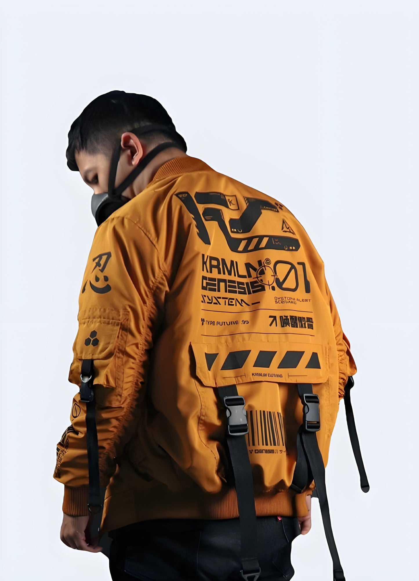 Futuristic cyberpunk bomber jacket, combining avant-garde design and innovative materials for fashion-forward individuals in the UK.