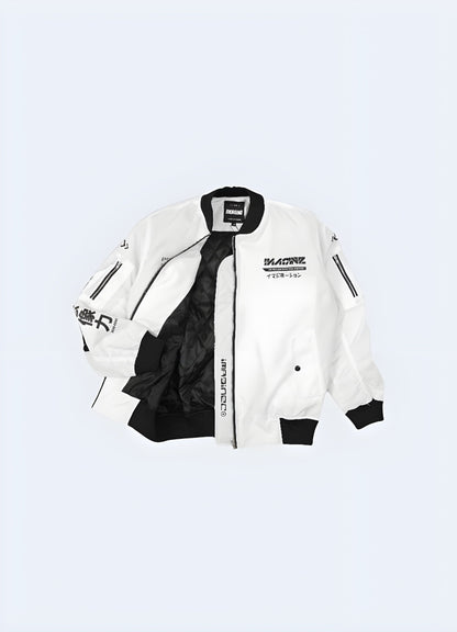 Front view of a white cyberpunk bomber jacket, featuring cutting-edge materials, unique design elements, and a striking contrast, perfect for fashion-forward individuals in the UK looking to make a bold statement.