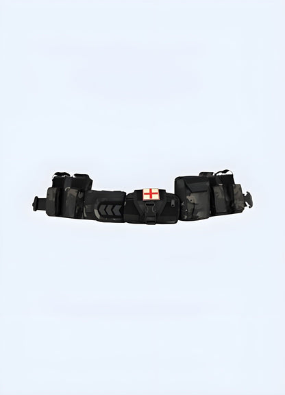 Futuristic view of a cyberpunk-style belt, showcasing a sleek and modern design inspired by UK urban fashion.
