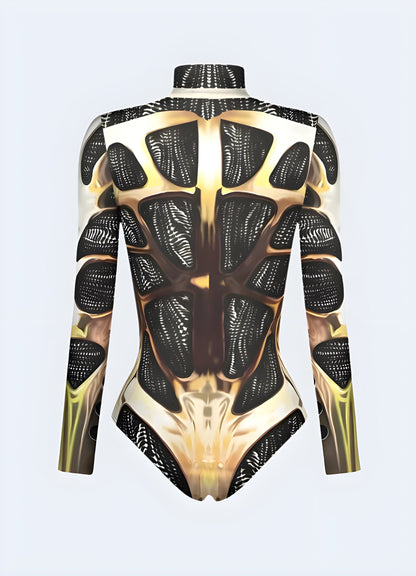 Back view of a stunning cyberpunk cosplay bodysuit, featuring distinctive cyberpunk-inspired elements and a perfect fit for UK cosplay and sci-fi conventions.