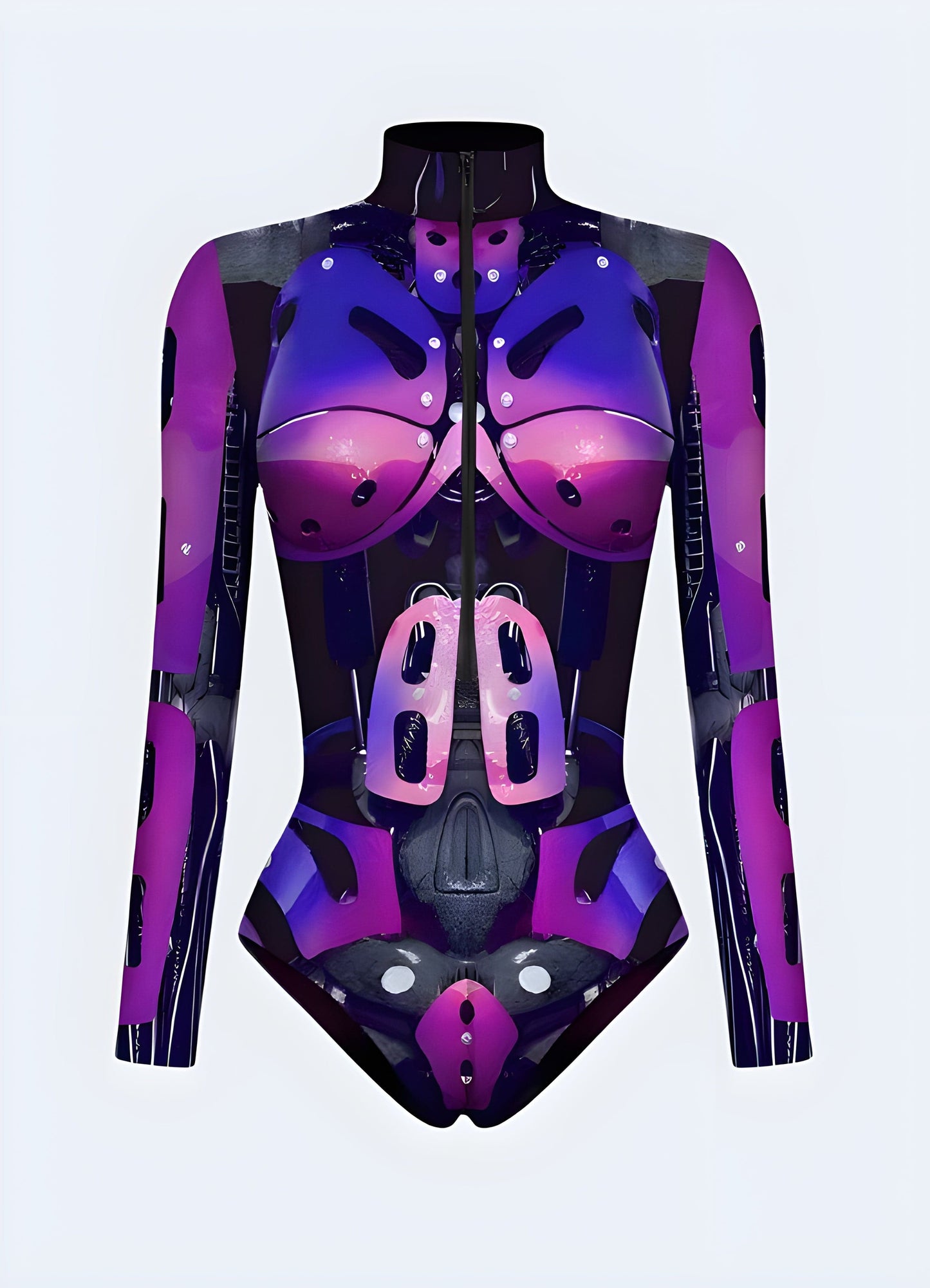 Model showcasing a front view of a captivating cyberpunk cosplay bodysuit, highlighting its iconic style and high-quality craftsmanship for UK cosplay events.