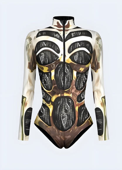 Innovative cyberpunk cosplay bodysuit with unique design elements, perfect for UK cosplay enthusiasts and sci-fi fans.