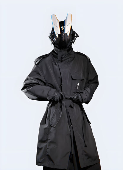 Front view of a man wearing a cyberpunk futuristic jacket, showcasing its unique silhouette, high-tech details, and edgy appeal, perfect for style-conscious UK consumers seeking a bold statement piece.