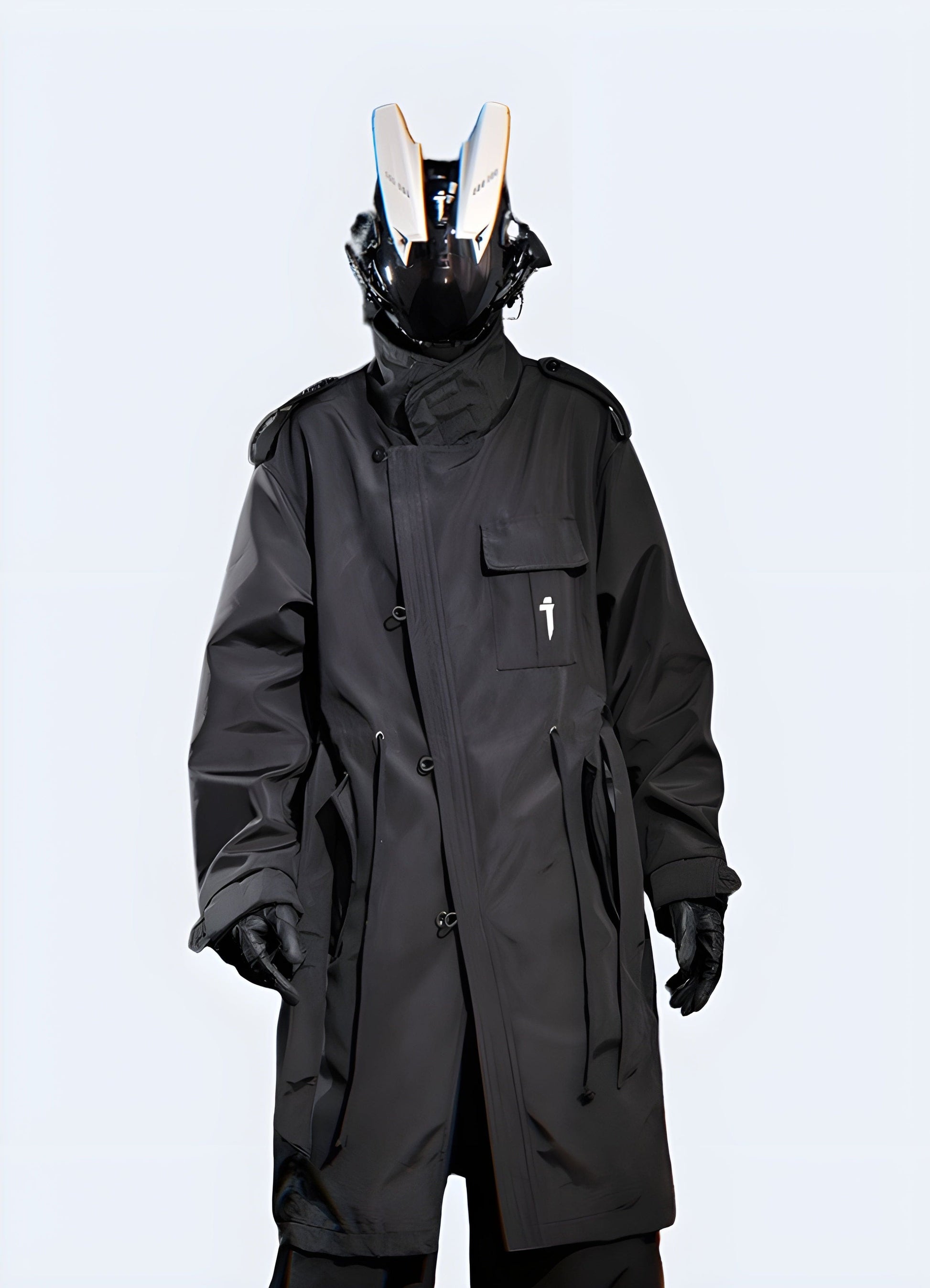 Front view of a man wearing a cyberpunk futuristic jacket, showcasing its unique silhouette, high-tech details, and edgy appeal, perfect for style-conscious UK consumers seeking a bold statement piece.