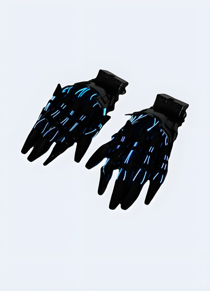 Cyberpunk-themed gloves, front view, showcasing sleek, futuristic design with illuminated lines and reinforced knuckles.