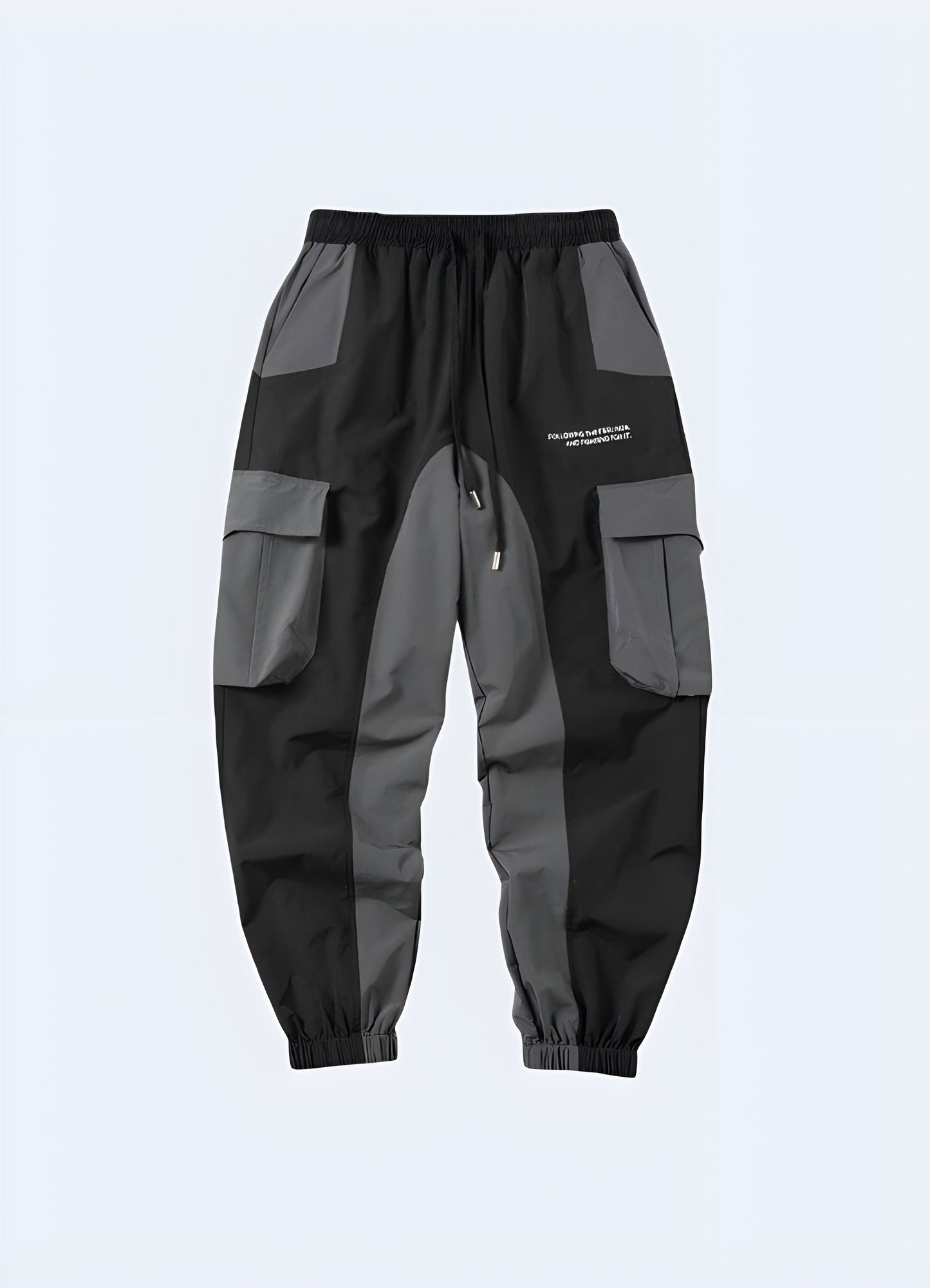 Black cyberpunk joggers, front view, edgy and comfortable bottoms for UK tech-savvy fashionistas.