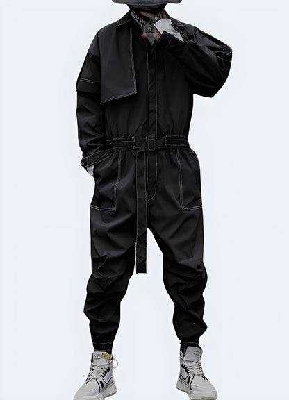 Futuristic cyberpunk jumpsuit for men, featuring a sleek design and edgy aesthetic, perfect for cosplay and urban fashion in the UK.