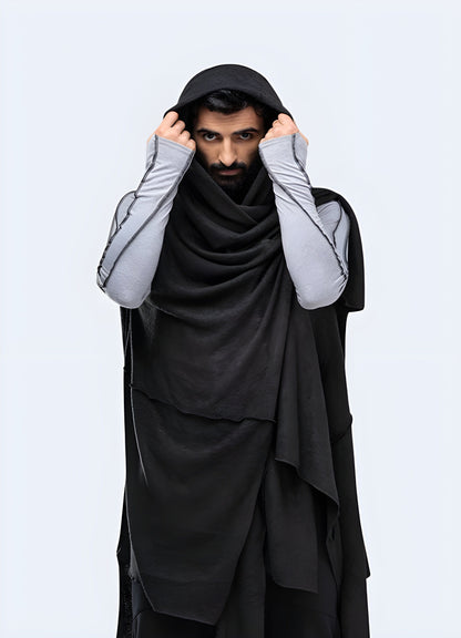 Edgy cyberpunk poncho for men, featuring a futuristic design and dystopian aesthetic, perfect for the UK alternative fashion scene.