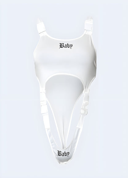 White cyberpunk swimsuit viewed from the front, featuring innovative design elements, futuristic patterns, and a striking contrast perfect for fashion-forward individuals.