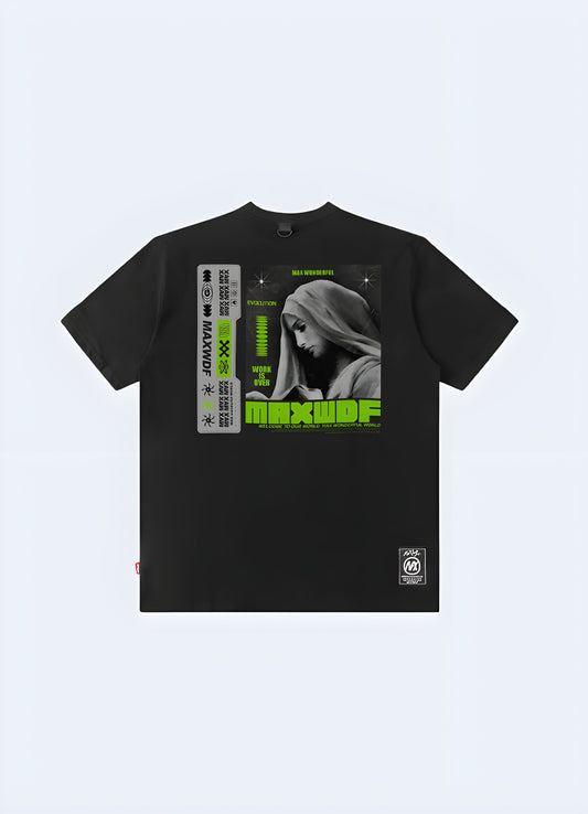 Edgy cyberpunk t-shirt featuring a futuristic design, perfect for science fiction enthusiasts and urban fashion in the UK.