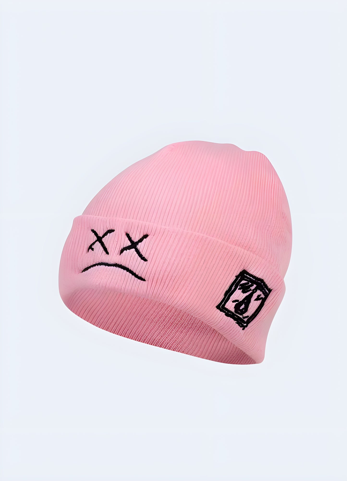 Side view of a pink cyberpunk techwear beanie, perfect for adding a pop of color to UK streetwear.