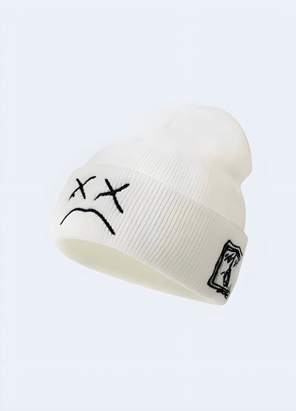 Side view of a white cyberpunk techwear beanie, showcasing its modern design in the UK.